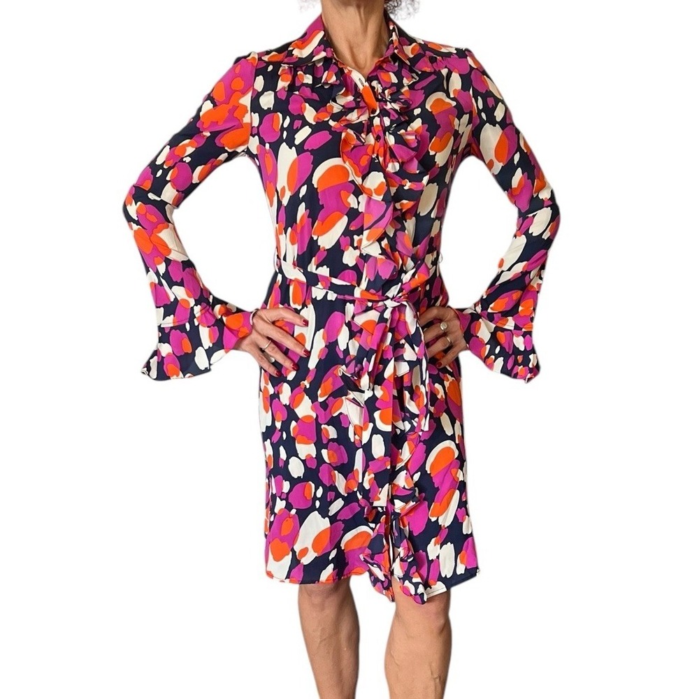 Y2K DIANE VON FURSTENBERG DVF RUFFLE SHIRT DRESS BELTED LONG BELL SLEEVE SILK 4